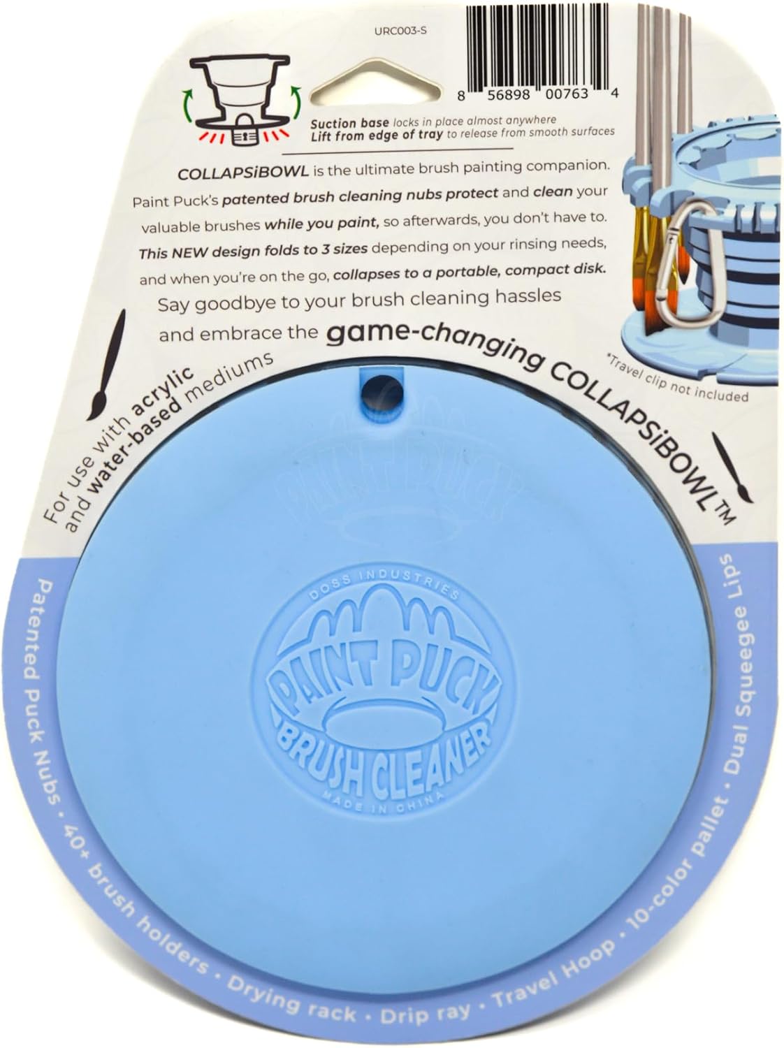 Paint Puck CollapsiBowl Paint Brush Cleaner Rinse Cup (Blue) – Collapsible Paint Water Cup & Brush Cleaner with Brush Holder, Squeegee Lips & Drip Tray for Acrylic, Watercolor & Art Supplies