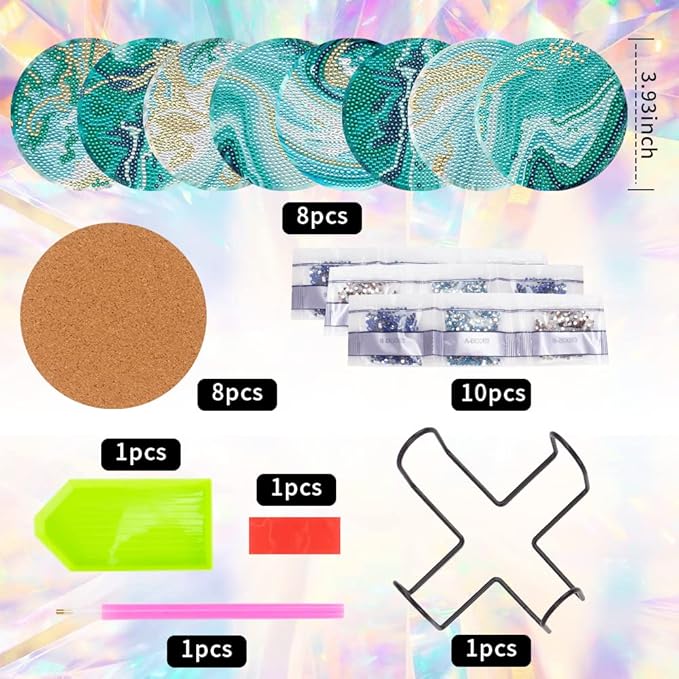 8 Pcs Ocean Diamond Art Painting Coasters with Holder, DIY Ocean Diamond Crafts Coasters for Adults, Diamond Art Painting Kits for Women, Beginners, Diamond Craft Supplies
