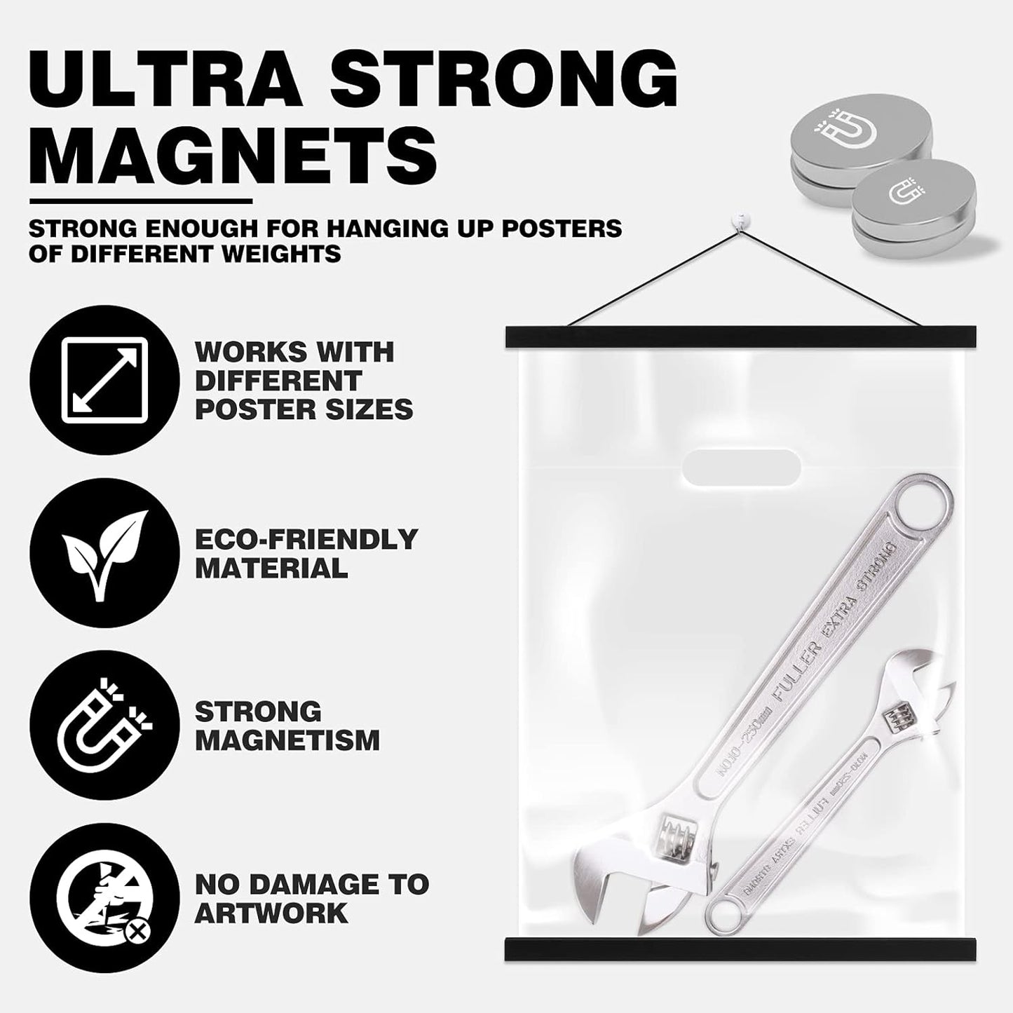 Ywlake Magnetic Poster Hanger, 18x24 18x12 18x24 Poster Frame Wood Wooden Magnet Print Posters Dowel Scroll Hanger Hangers Hanging Kit for Walls Map Canvas Artwork (Black, 18")