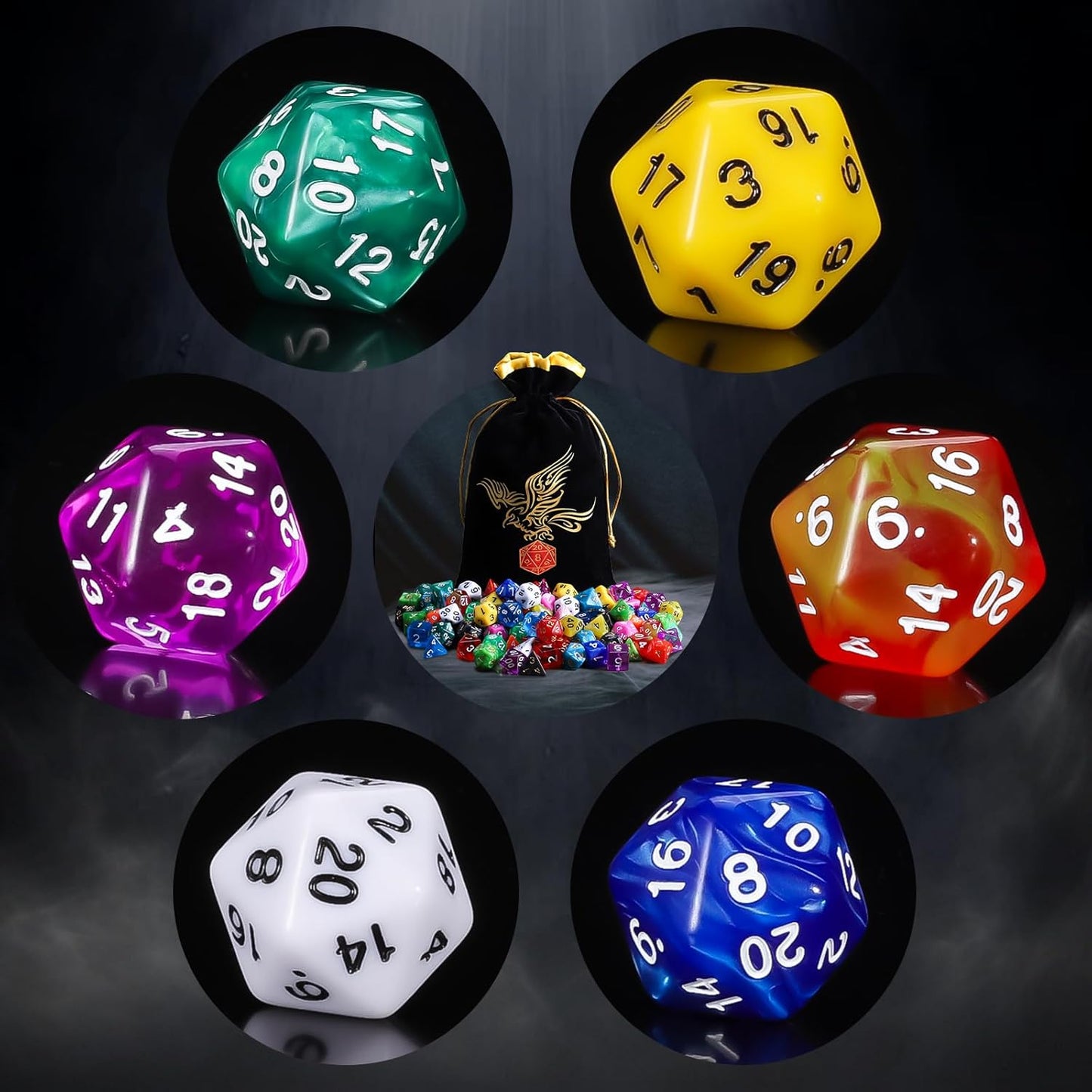 QMay DND Dice Set 15 X 7 Polyhedral Dice (105pcs) with 1 Large Flannel Bag, D&D Dice (D4 D6 D8 D10 D% D12 D20) for Dungeons and Dragons RPG MTG Table Games