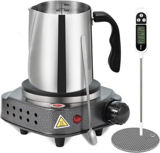 SAEUYVB Candle Making kit with Hot Plate,Candle Making Supplies,Candle Making Kit for Beginners with Melting Pot,Stirring Spoon and Anti-Scalding Pad Perfect Set Gift（Silver Gray）