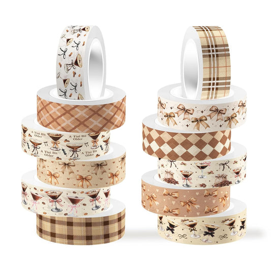 12 Rolls Martini Washi Tape, Vintage Brown Checkered Bow Masking Tape, Martini Coffee Decorative Sticker for Party Afternoon Tea Holiday Scrapbook Journal DIY Craft Gift Wraps 16.4FT