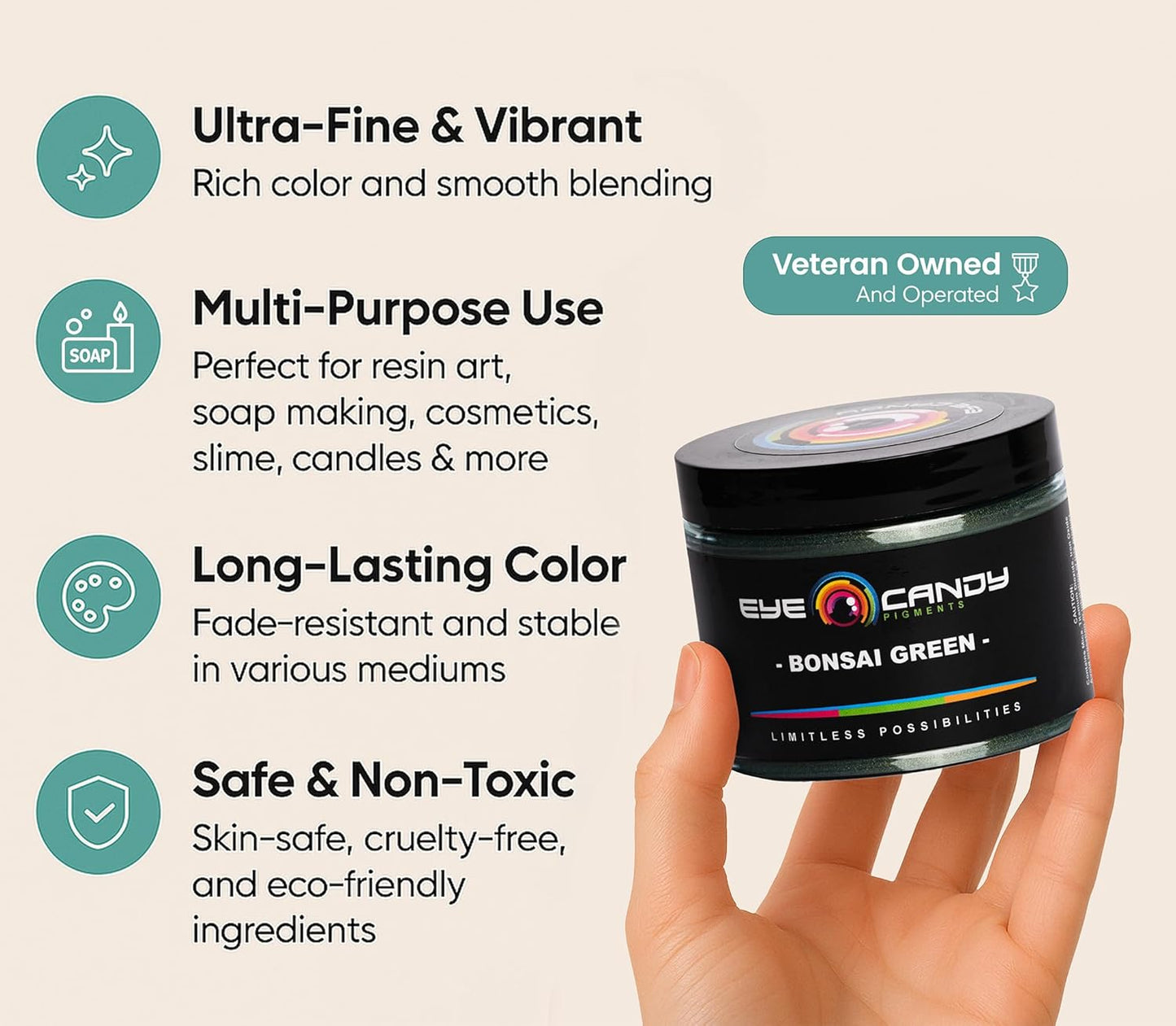 Eye Candy Pigments Premium Green Mica Powder - Bonsai Green (50gr) - for Epoxy, Resin, Soap, Paint, Woodworking, Acrylic Pouring, Bath Bombs, Fishing Lures - DIY Arts and Crafts Additive