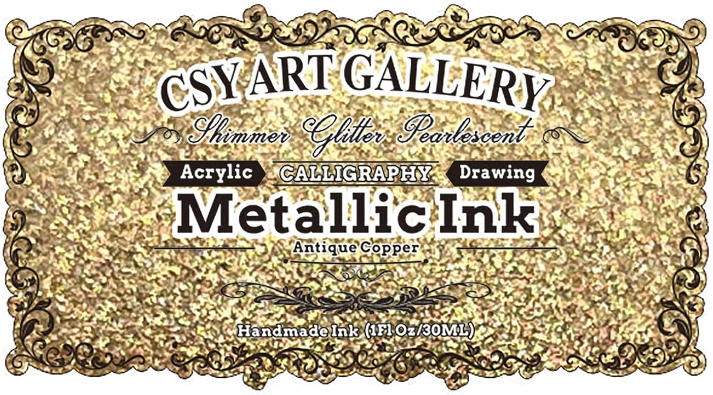 CSY Art Gallery Metallic Acrylic Inks-Calligraphy Ink-Gold Glitter Craft Paint Lightfast- Heavy Body -Non Fading -Vibrant Colors -Artist Quality Painting Supplies (Antique Copper)