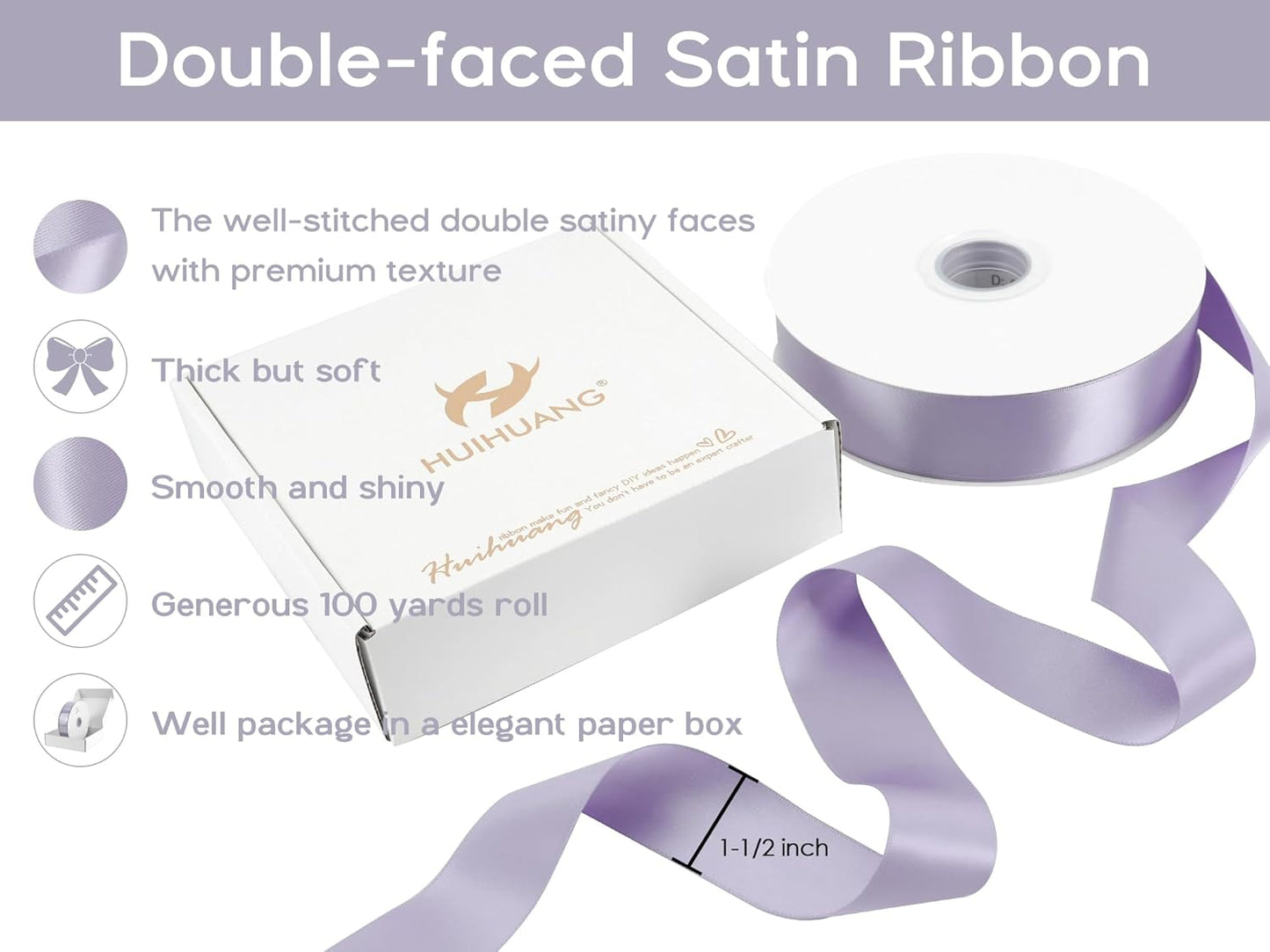 HUIHUANG Purple Satin Ribbon 1-1/2 inch x 100 Yards Lavender Color Double-Faced Satin Ribbon for Flower Bouquet, Gift Wrapping, Eternal Roses, DIY Crafts, Bridal Shower Wedding Decor