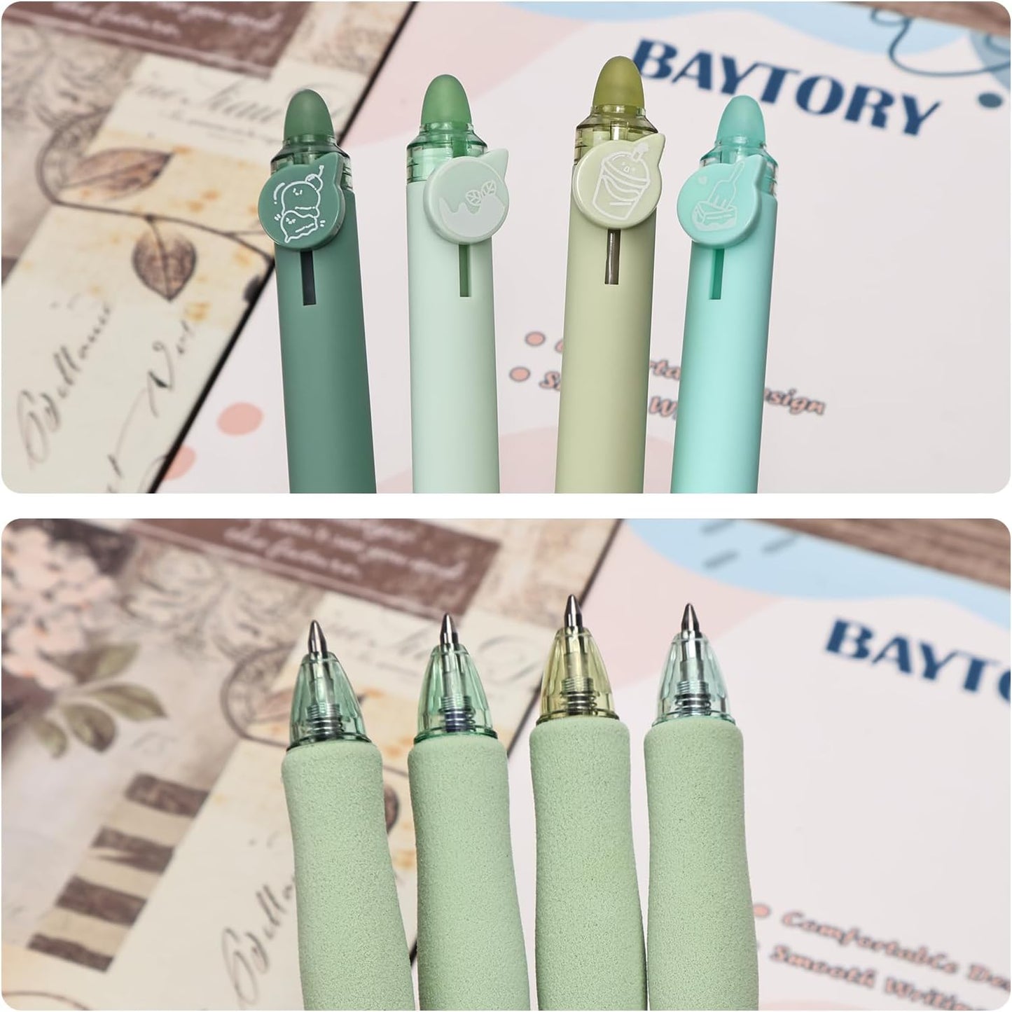 BAYTORY 8Pcs Cute Retractable Erasable Gel Pens, Blue and Black Ink Pen with Eraser Clear, Smooth Writing Comfortable to Use for Note Taking Marking Planner Crossword Puzzles (Green)