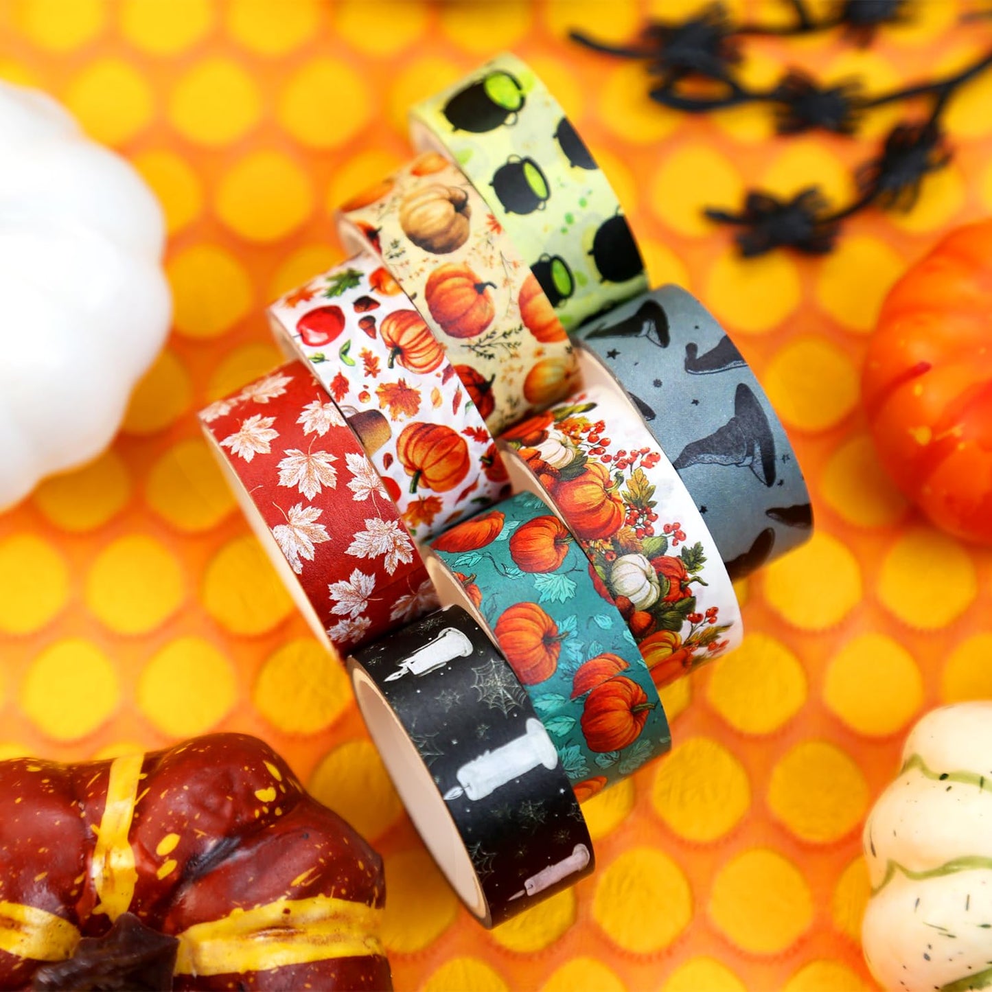 Halloween Washi Tape Set 16 Rolls, Fall & Spooky Decorative Tape, Autumn Washi Tape for Journaling, Crafts, Pumpkin Decor (0.6" x10 ft) - Autumn Leaves, Bats, Pumpkins, Vintage Horror