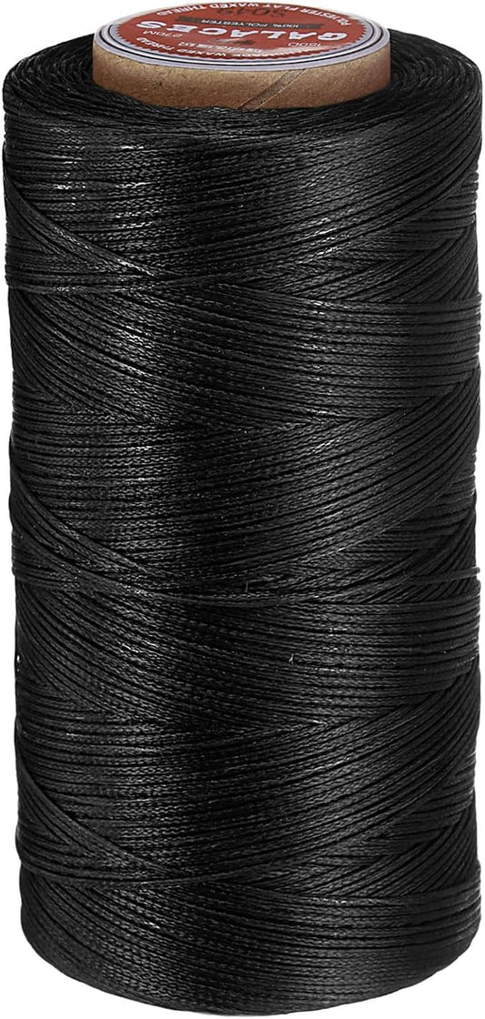 uxcell Flat Leather Sewing Waxed Thread, 270m / 295 Yards Polyester Wax String, 150D Wax Stitching Cord for Leather Crafts, Bookbinding, Bracelets Braided, Black