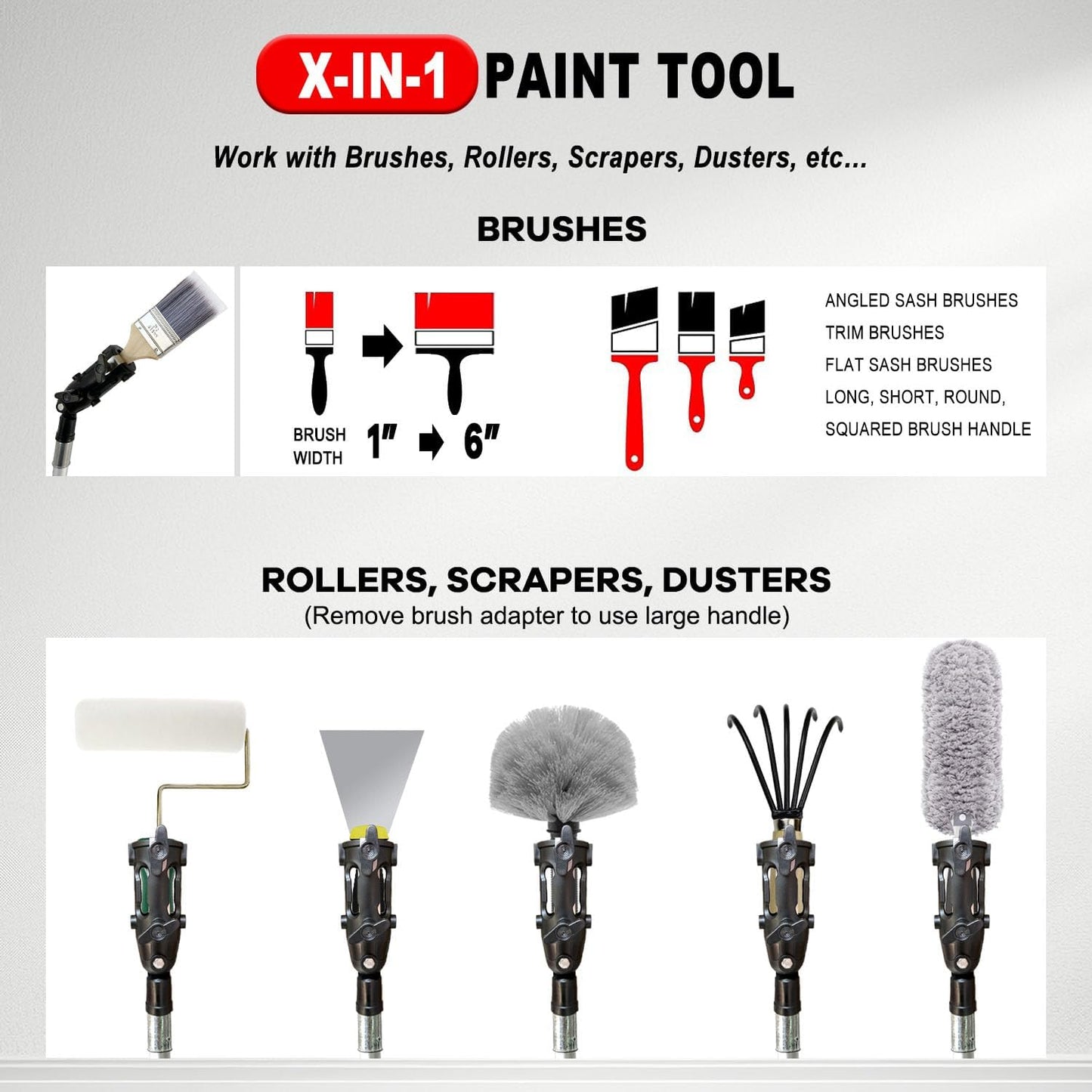 Multi Angle Paint Brush Extender V2, Long Handle Paint Brush, Extension Pole Attachments for Paint Roller, Paint Edger Tool for High Ceilings, Corner Painting Tool for Paint Extension Pole (Black)