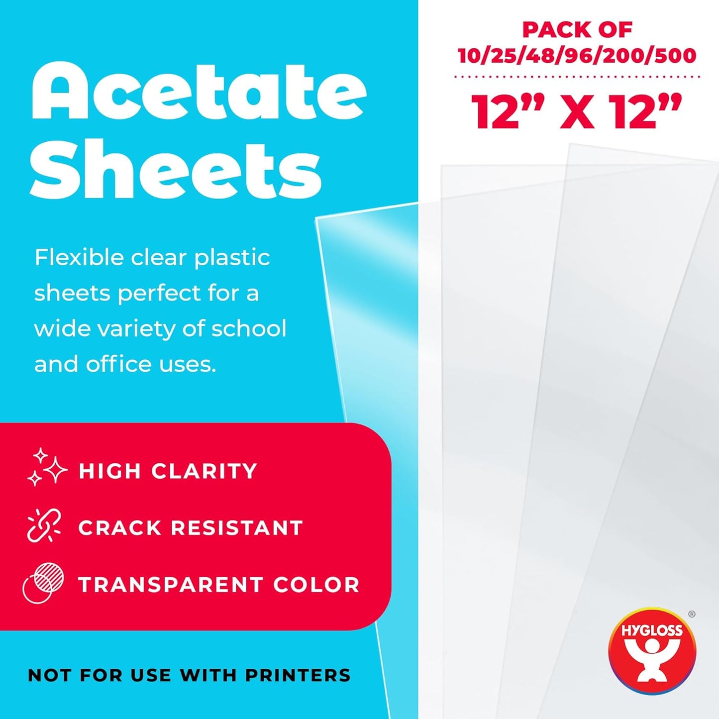 Hygloss 12" x 12" Acetate Paper - 7 Mil Clear Acetate Sheets for Crafts Projects, Cricut Stencil Sheets, Classroom Stencil Sheets, Reusable Transparent Clear Plastic Sheet (Not for Printers) 10 Pack