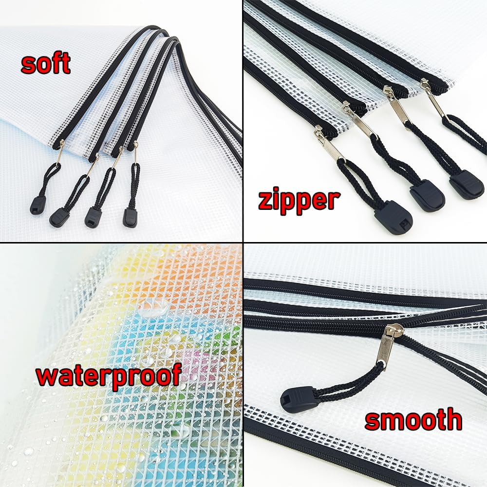 AUSTARK 20 Pcs Zipper File Bags, Plastic Mesh Pouch, Board Game Storage Bag, Waterproof Bags for Office School (A3 Size 16.9''x12'', White and Black)