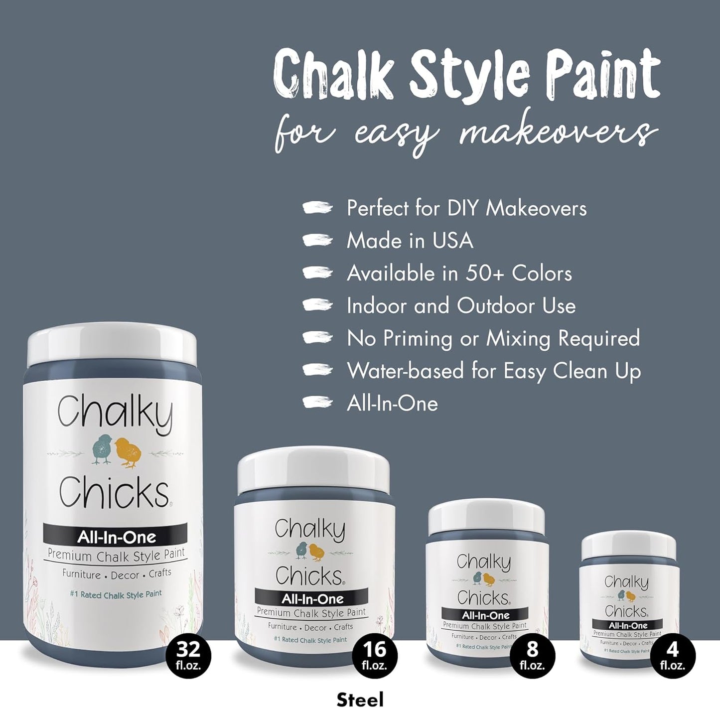 Chalky Chicks All-in-One Chalk Paint for Furniture or Cabinet - 8 Fl Oz - Matte Finish Blue Steel (Blue Gray) for Metal, Wood Furniture Paint - No Sanding All-in-One for Home Decor & Crafts, USA Made