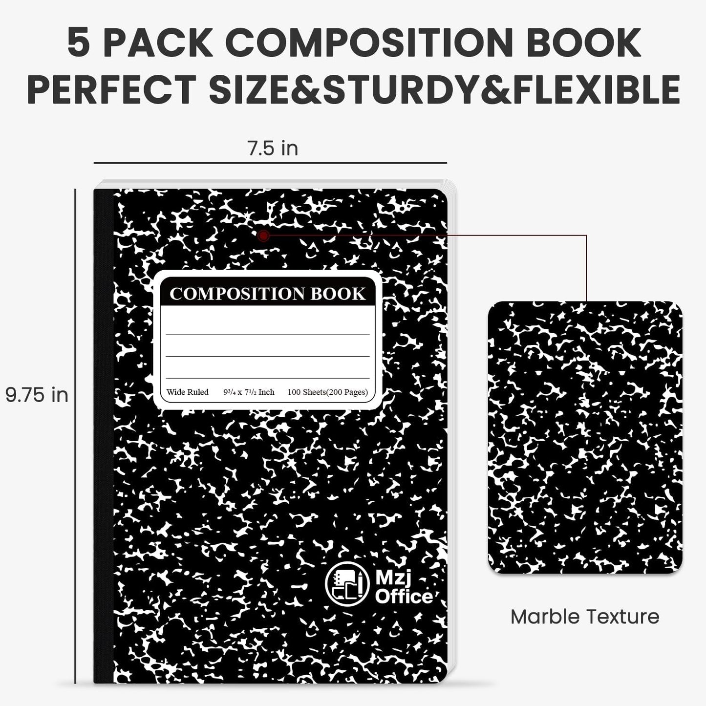 Marble Composition Notebook, 5-Pack Bulk Composition Notebooks Wide Ruled, 100 Sheets (200 Pages) 7-1/2" x 9-3/4" Marble Notebooks Wide Ruled, Classroom Must Haves-School Supplies College.