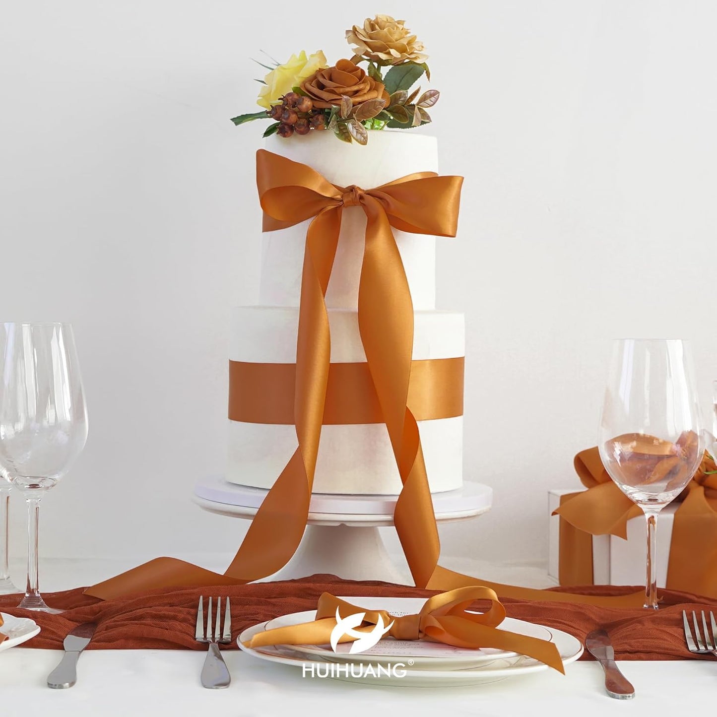 HUIHUANG Burnt Orange Ribbon 2 inch Wide Double-Faced Orange Satin Silk Ribbon for Flower Bouquet Wrap, Gift Wrapping, Fall Wedding Decor, Crafts and Bows Making- 25 Yards/Roll