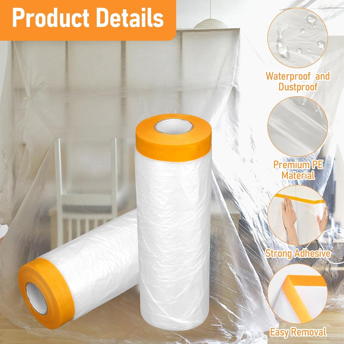 uyoyous 6 Rolls 9x67 ft Painters Plastic with Tape, Pre-Taped Masking Film, Tape and Drape, Paint Adhesive Protective Film Roll for Automotive Painting Covering, Cars, Auto Body, DIY Projects