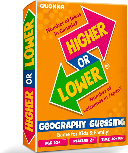QUOKKA Trivia Board Games for Kids and Adults - Version V2.0 - Family Night Geography Games 4xSet Higher or Lower Trivia Cards | Guess Fun Questions | 2 + Players - Challenge Your Geography Knowledge