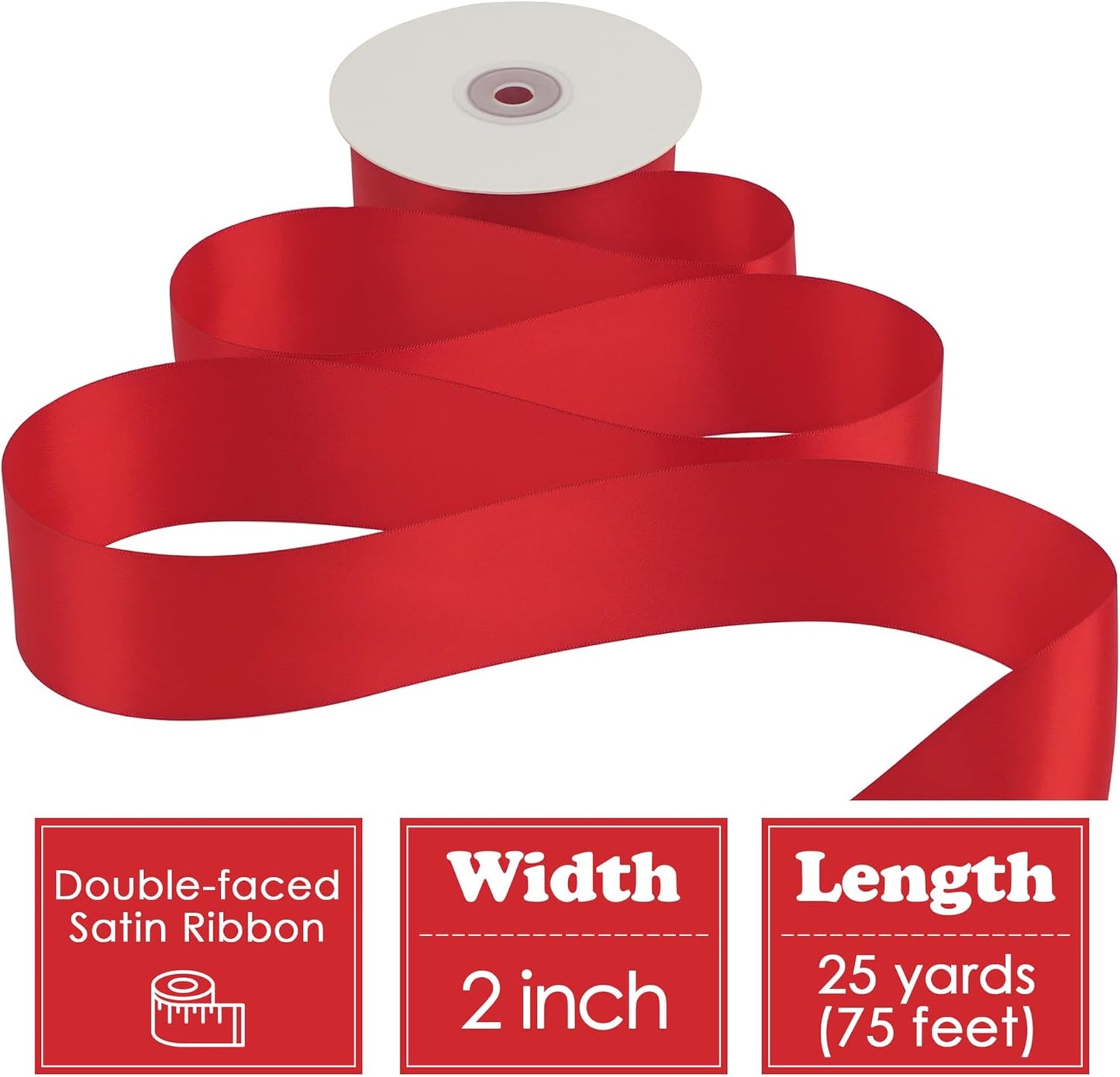 HUIHUANG Red Ribbon 2 inch Double Face Satin Ribbon Red Fabric Ribbon, 25 Yards/Roll for Crafts, Gift Wrapping, Flower Bouquet Wrap, Wedding Bridal Shower Holiday Decor, Hair Bows