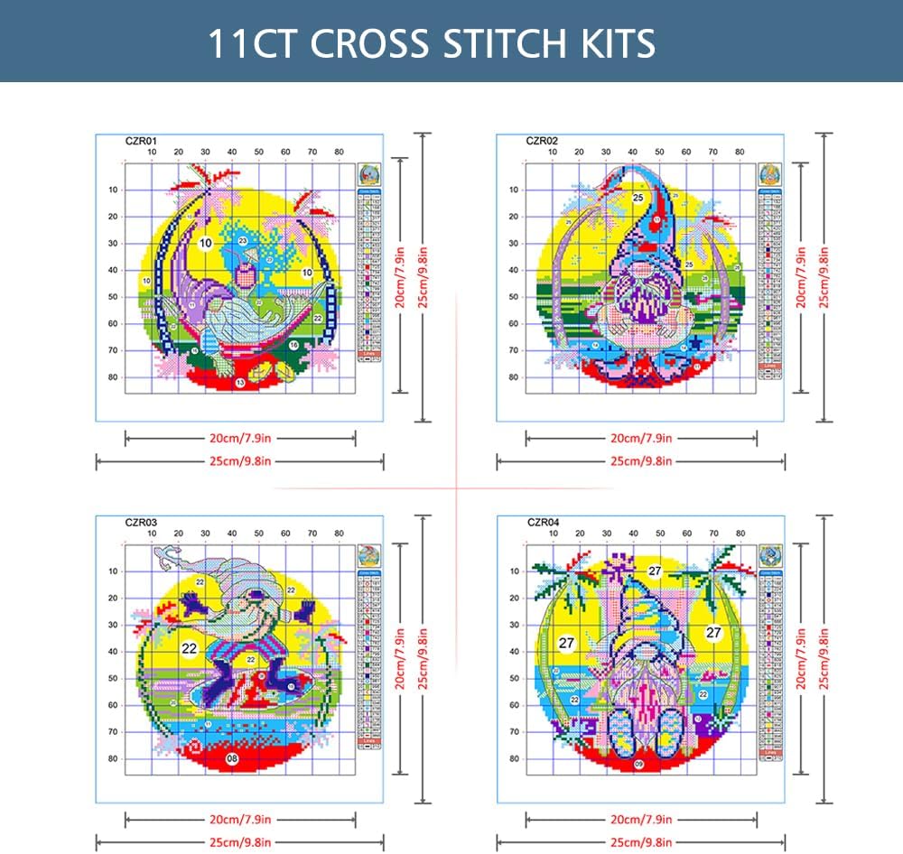 ZuoAnLF 4 Packs Stamped Cross Stitch Kits for Adults,Stamped Cross-Stitch Needlepoint Counted Kits Beginners,Embroidery Kit Arts and Crafts for Home Decor 11CT,9.8 * 9.8inch (Gnome)