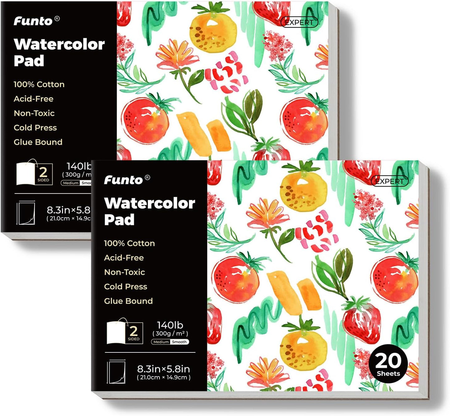 Funto Watercolor Pads, 2 Packs, 100% Cotton, 20 Sheets Each, 8.3x5.8, 140lb/300gsm, Glue Bound, Easy Tear Heavyweight Art Paper for Painting