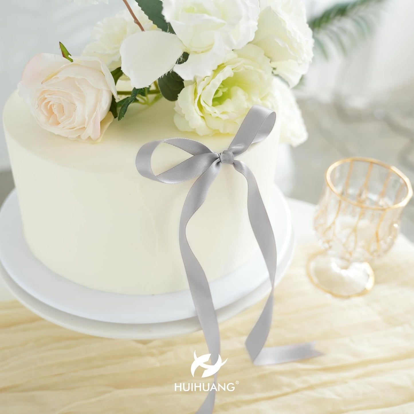 HUIHUANG Silver Ribbon 1/2 inch Continuous 50 Yards Silver Double-Faced Satin Ribbon for Gift Wrapping, Bows, DIY Crafts, Flower Bouquet, Wedding Decor, Christmas Holiday Decor