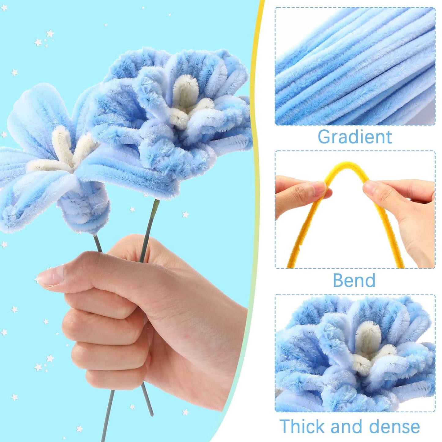 DaisyInner 700 Pcs Halloween Fall Pipe Cleaners Craft Bulk Pastel Chenille Stems Flower DIY Gradient Colored Fluffy for School Classroom Thanksgiving Christmas Party Supplies(Blue,Yellow)