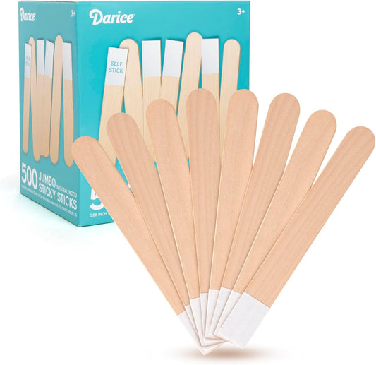 Darice Self-Adhesive Popsicle Sticks for Crafts – 500 Jumbo Wooden Sticks with Adhesive Tips, 6” x 1”, Mess-Free Arts and Crafts for Classroom, STEM, Home (Ages 3+)