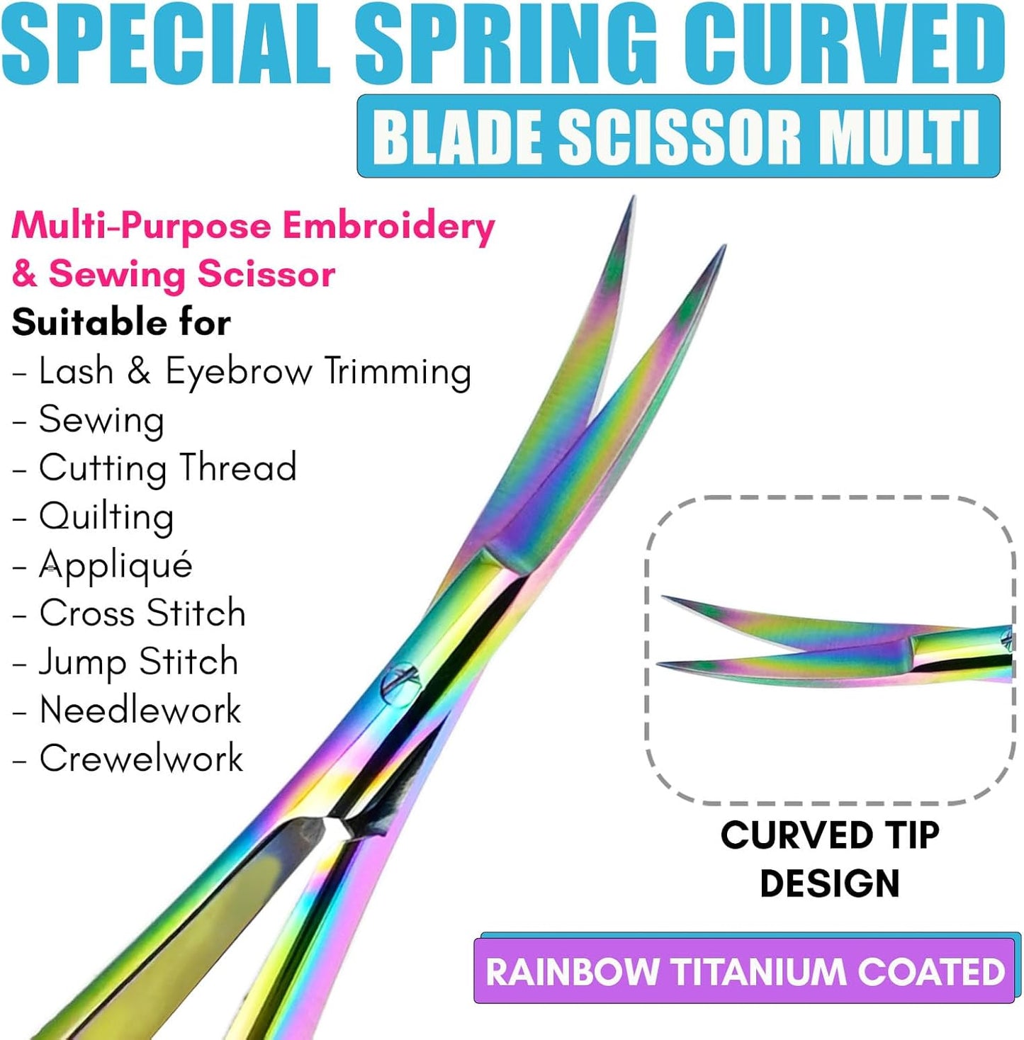 Cross Edge Curved Spring Scissors 5 Inch Stainless Steel Precision Eyebrow & Eyelash Shaping & Trimming Scissor, Snips Squeeze, Embroidery, Knitting Micro Tip Craft Scissors (Rainbow)