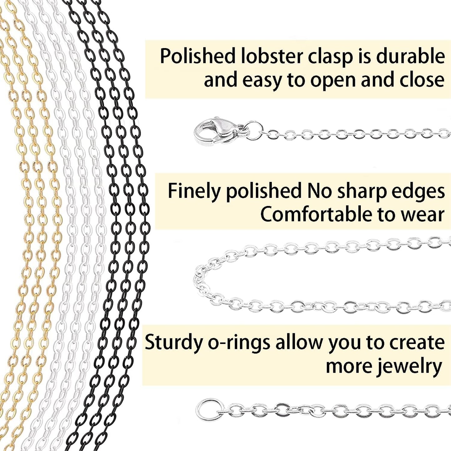 Jishi 30ft Jewelry Making Chains Bulk 2mm Necklace Chains for Jewelry Making Supplies, DIY Craft Earring Bracelet Making Findings, 3-Colors Gold Silver Black Plated Metal Rolo Cable Link Chain Rolls