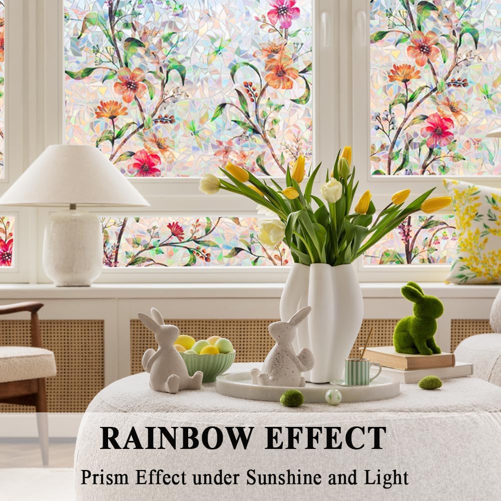 Stained Glass Window Film Static Cling Door Privacy Film Decorative Flowers Green Leaves Window Decals Stickers Heat Control Anti UV for Home and Office,23.6 inches by 78.7 inches