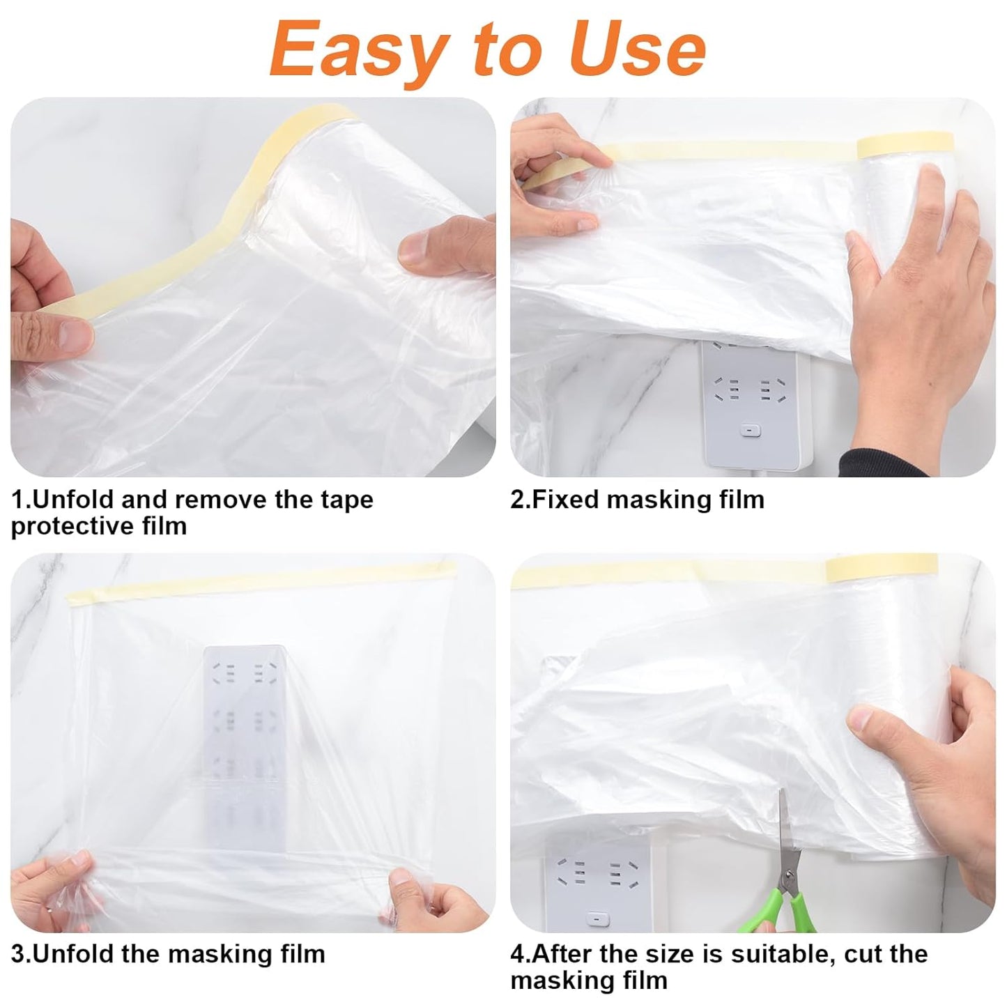 4 Rolls Painters Plastic with Tape, 8.9Ft x 89Ft Pre-Taped Masking Paper for Painting Automotive Masking Film Paint Adhesive Protective Film Roll for Painting Covering Walls Windows Auto Body