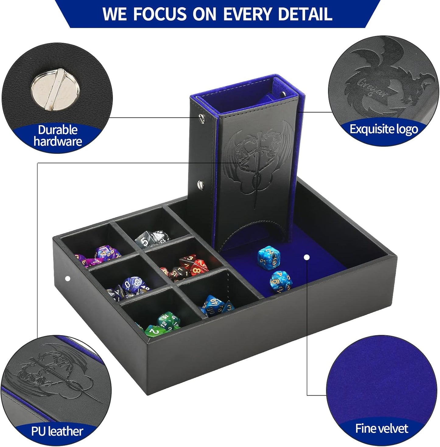 3 in 1 Dice Tray with Lid, Portable Dice Box Storage for DND, Dungeons and Dragons, D&D, MTG & RPG Games - Blue
