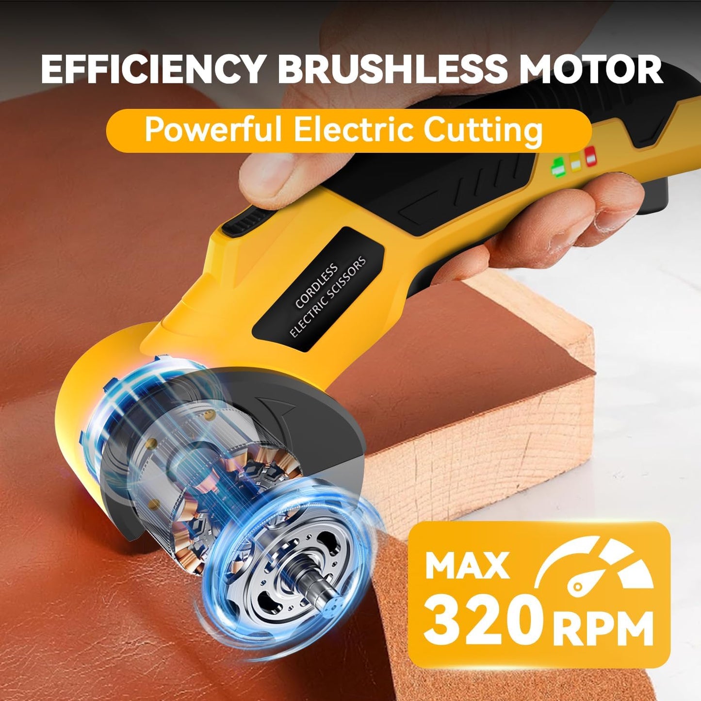 Cordless Electric Scissors: 4V Rechargeable Cardboard Cutter, 3 Blades, Safety Lock & LED Light, Box Cutter for Carton Carpet Plastic Fabric Leather(Yellow）
