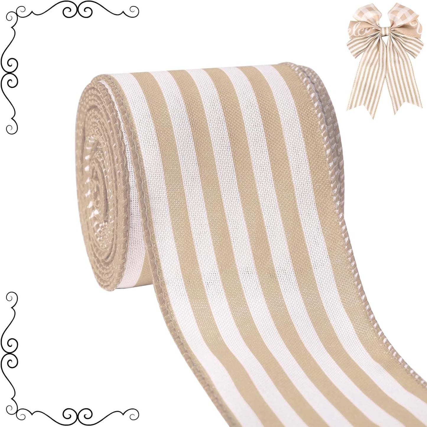 Burlap Ribbon Wired, Farmhouse Rustic White Stripe Ribbon for Gifts Wrapping DIY Crafts Floral Bows Wreath Making Party Supplies Holiday Home Decoration, 2.5 Inch x 10 Yards