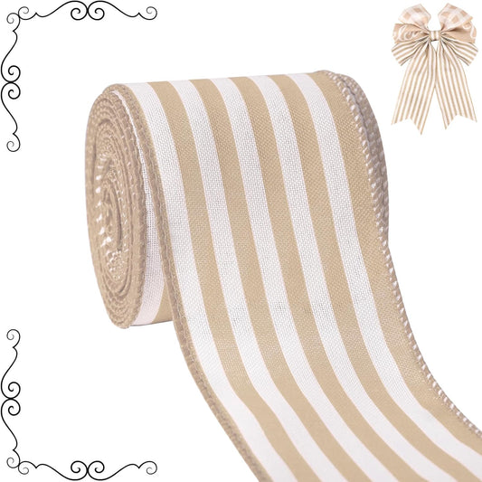 Burlap Ribbon Wired, Farmhouse Rustic White Stripe Ribbon for Gifts Wrapping DIY Crafts Floral Bows Wreath Making Party Supplies Holiday Home Decoration, 2.5 Inch x 10 Yards