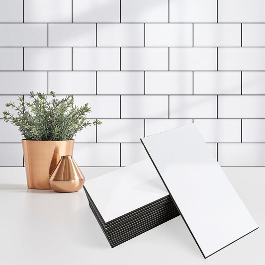 4 Pieces Peel and Stick Backsplash for Kitchen, 3" x 6" PVC Subway Tile 2025 Upgraded Glossy White with Dark Gray Grout Backsplash Stick on Tile Elevate Kitchen, Bathroom, Fireplace,RV