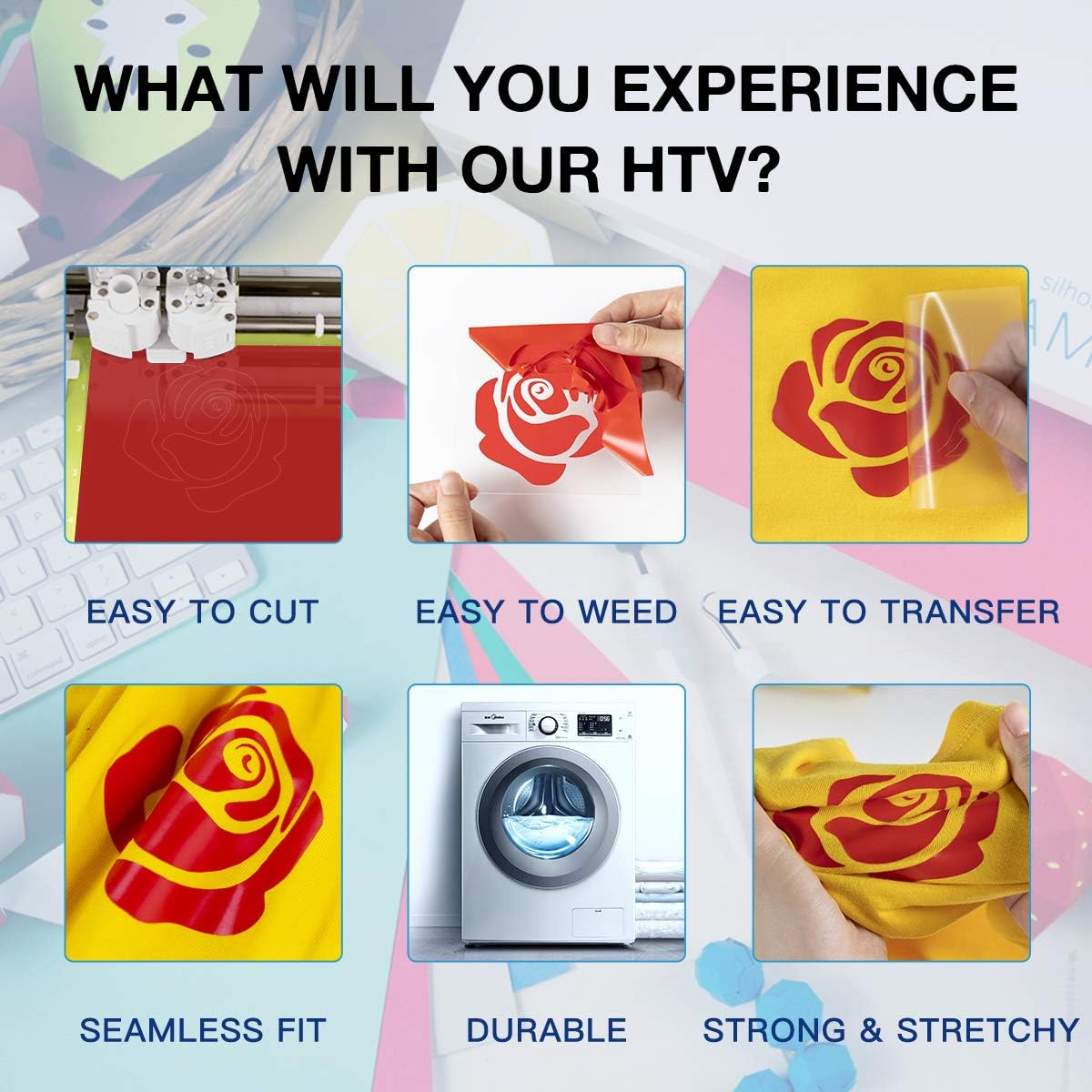 HTVRONT HTV Vinyl Rolls Heat Transfer Vinyl - 12" x 8ft Red HTV Vinyl for Shirts, Iron on Vinyl for All Cutting Machine - Easy to Cut & Weed for Heat Transfer Design (Red)