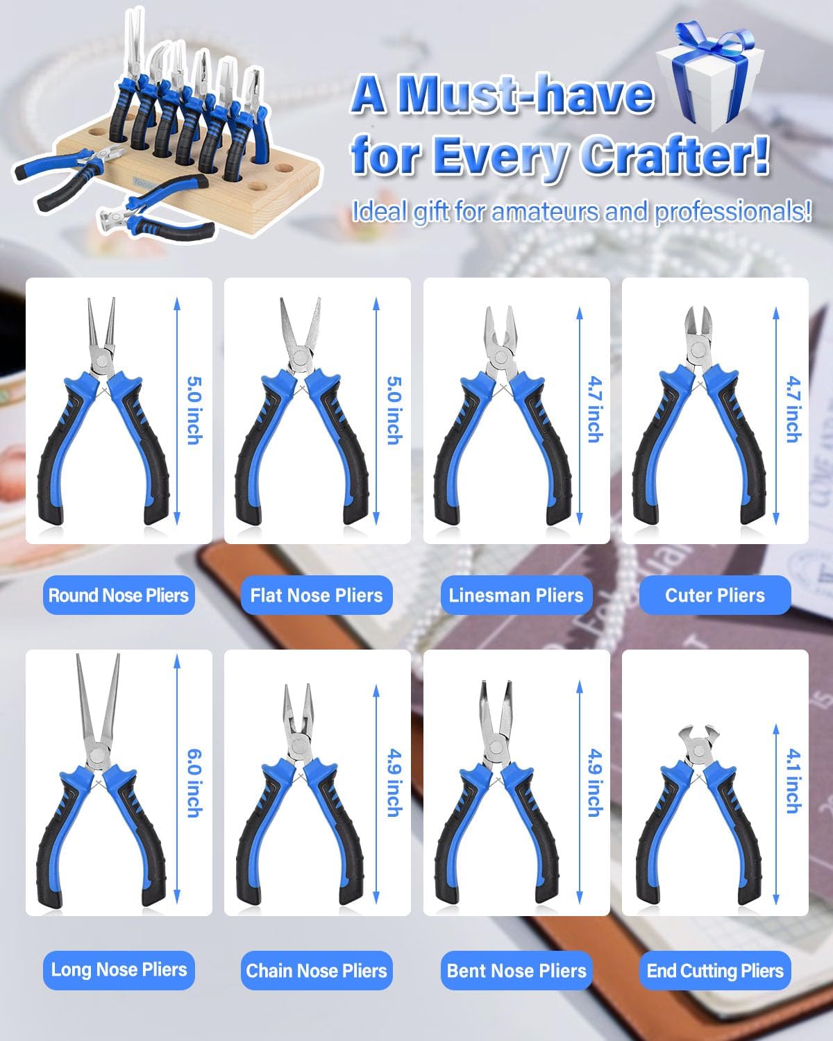 Toolour Jewelry Pliers Set Jeweler Making Tools Kit with Wood Holder,8Pcs Professional Wire Plier for Beading Jewelry Maker DIY Crafting Wrapping Crimping Cutting Repair,Essential Tools for Adults