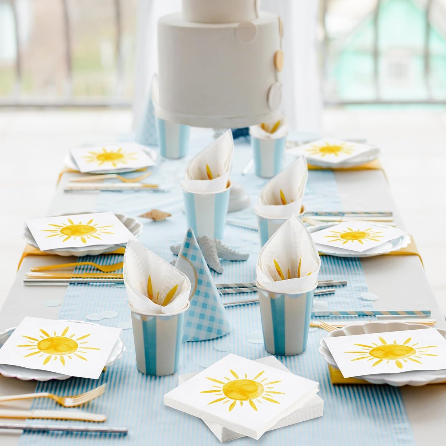 Aodaer 48 Pieces Disposable Sun Paper Napkins Sunshine Birthday Decorations Sun Party Napkins Cocktail Dinner Napkin Set 13" x 13" Unfolded Tableware Napkins for Sun Birthday Party Supplies