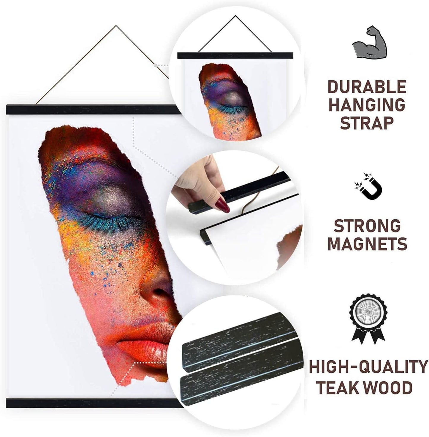 16" Sturdy Magnetic Poster Hanger Frame,Wooden Poster Frame 16x20 16x22 16x24, Solid Teak Wood, Strong Magnets for Easy Hanging Posters, Pictures, Canvas Scroll (16 Inch/40.6cm, Black)