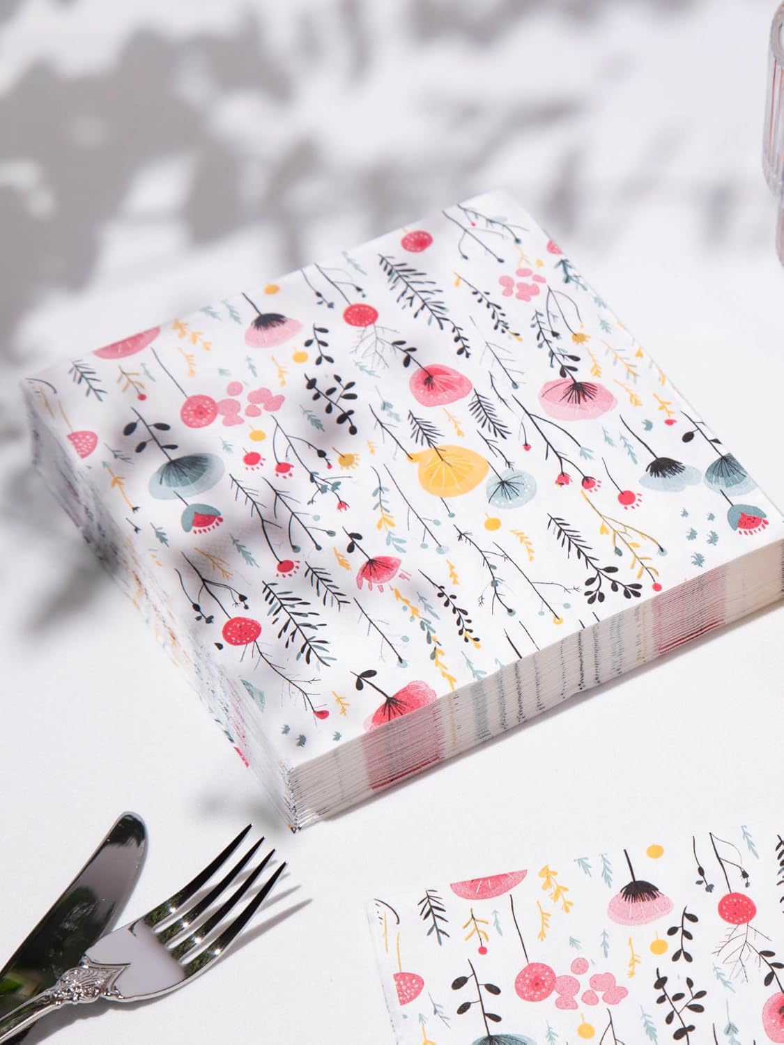 80 pcs Premium Designer Paper Napkins, 3-Ply 6.5x6.5-inches Disposable Decorative White Floral Napkin for Wedding Birthday Anniversary Lunch Dinner Party