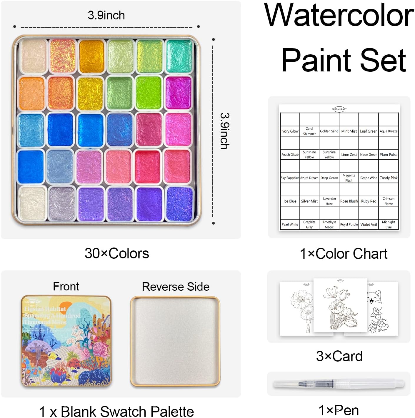 Mini Shifting Watercolor Paint Set, 30 Color Glitter Watercolor Painting Kit, Metallic Watercolor Paints, Solid Water Colors Paint Adult Set, Detail Paint Brush Included, for Artists