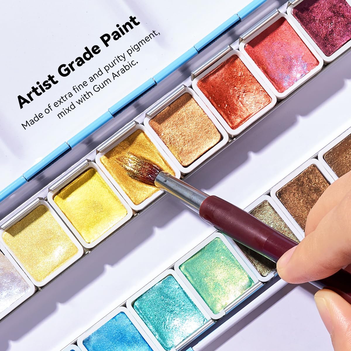 Paul Rubens Professional Metallic Watercolor Paints Set, Pearl Paint, Portable Metal Case with Palette, Set of 24 Half Pans, Art Supplies for Artists, Beginners, Hobbyists, Students