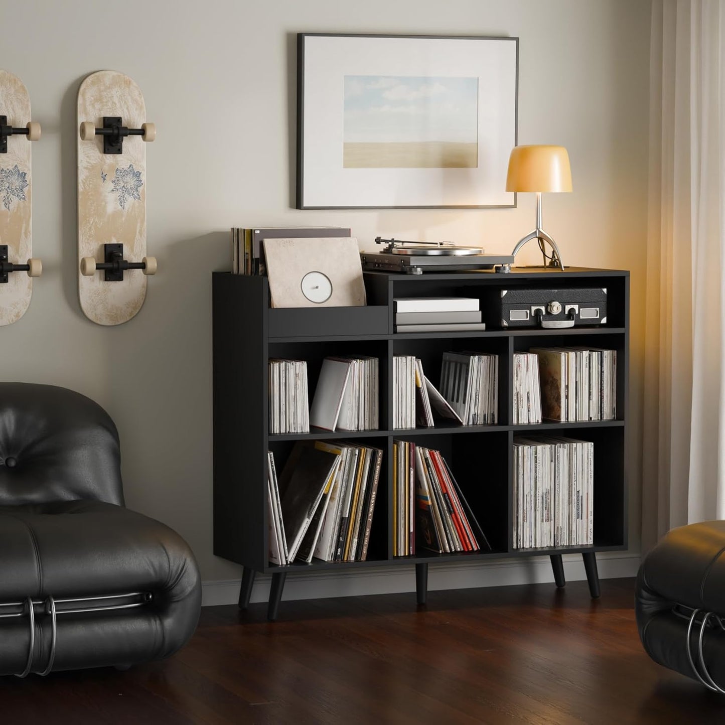 Cozy Castle Large Record Player Stand, Vinyl Storage Cabinet Mid Century Modern Turntable Stand Media Console Table Open Shelf Cube CD Album Holder Organizer for Living Room, Office, Black