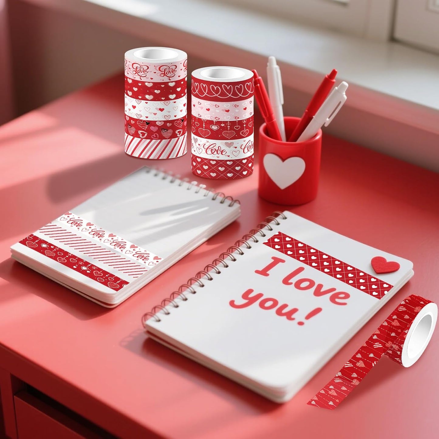 12 Rolls Love Heart Washi Tape Set, Red Stripe Checked Masking Tapes, Red Heart Decorative Tape for Journaling Supplies, Wedding Party, Junk Journal, Scrapbooking, Planner, DIY Arts Crafts 16.4FT