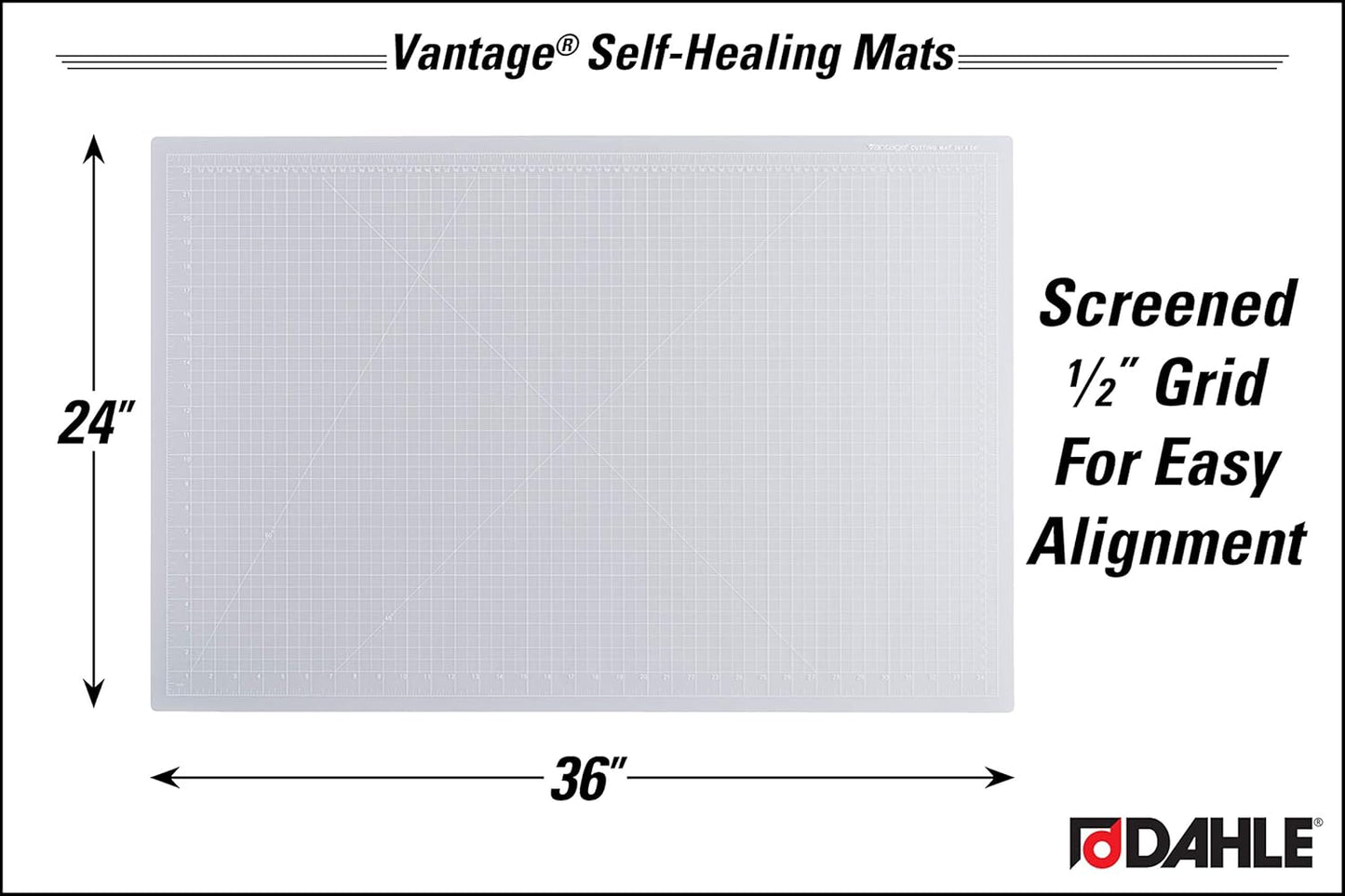 Dahle Vantage 10683 See-Through Premium Self-Healing Cutting Mat, 24"x36", 1/2" Grid, 5 Layers for Max Healing, Perfect for Crafts & Sewing, Clear
