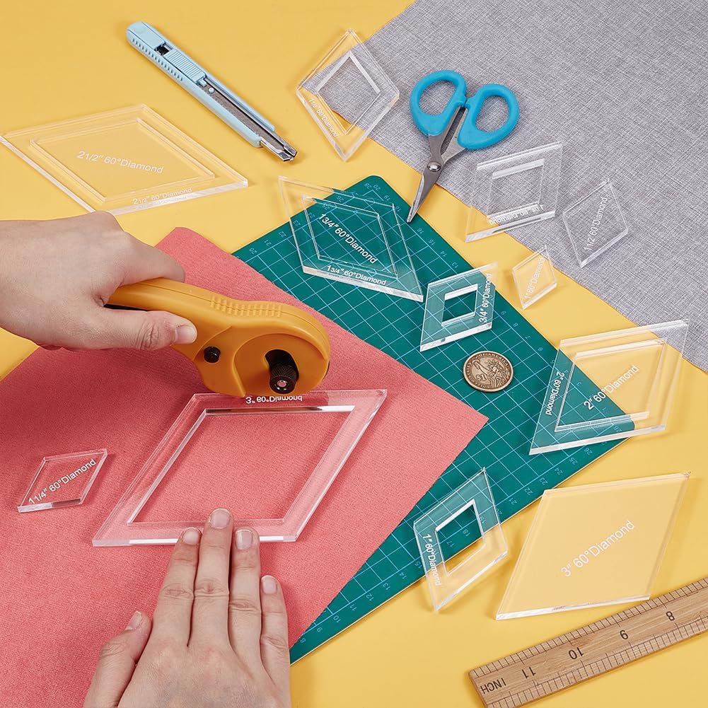 BENECREAT 16 Sizes Diamond Quilting Template, Acrylic Intricate Sewing Machine Ruler, Transparent Pressure Plate Router Template for DIY Hand Patchwork Cutting Craft, 6mm Thick