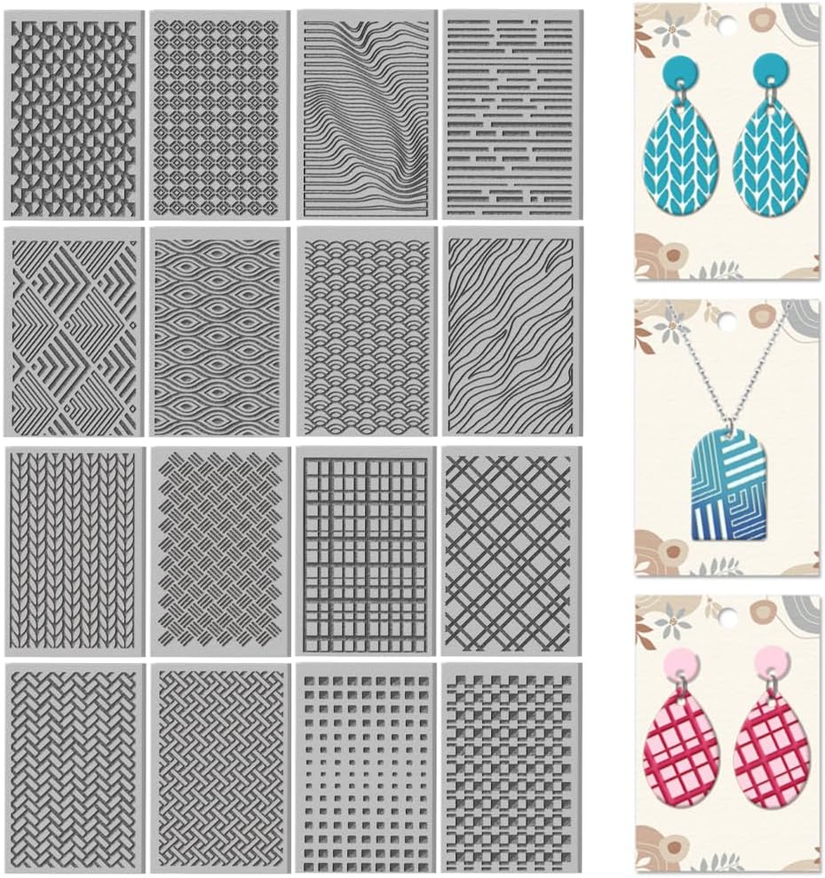 CHGCRAFT 16 Sheets Artistic Lines Clay Texture Mat Wavy and Plaid Pattern Polymer Clay Texture Sheets DIY Tools for Pottery Earring Jewelry Making Stamp Engraving Machines, 4x2.6inch
