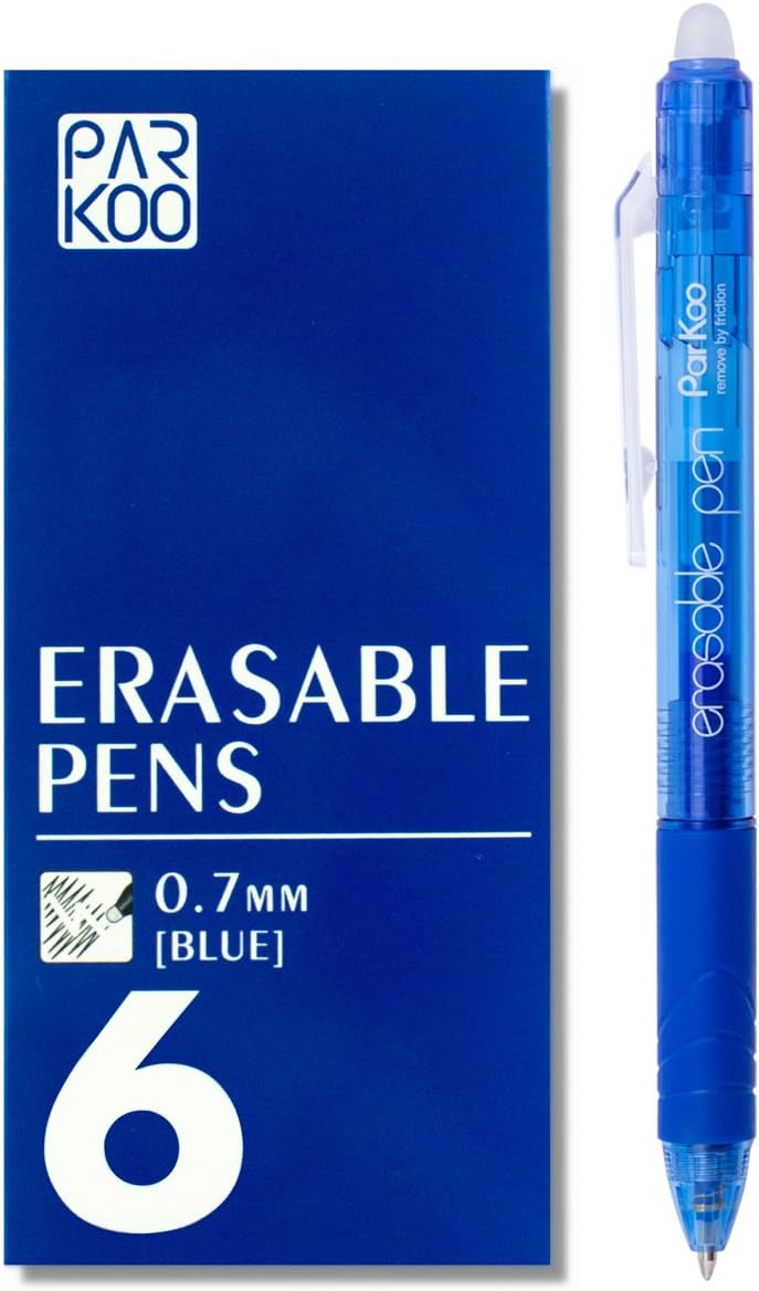 ParKoo Retractable Erasable Gel Pens Clicker, Fine Point 0.7mm, Make Mistake Disappear, Blue Ink for Note Taking and Crossword Puzzles, 6-Pack