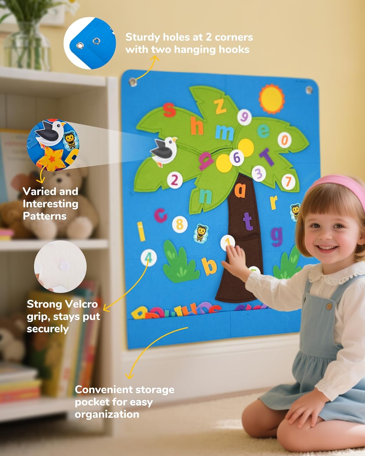 CHEFAN Felt Letter and Number Tree, Coconut Tree Alphabet Game, Felt Story Board Set for Early Education Storytelling, Flannel Board for Wall Teaching Home Classroom Play