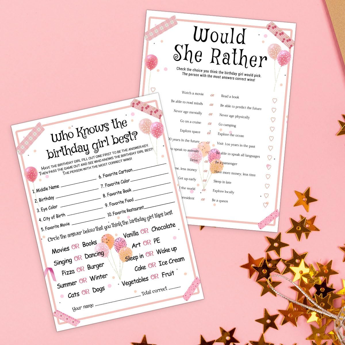 ALodr 20 Pcs Who Knows the Birthday Girl Best, Would She Rather Games for Girl Birthday Party, Funny Birthday Party Games, Double Sided, 5x7 Inches